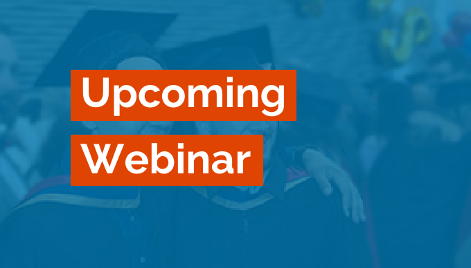 Upcoming webinar text over blue
           background